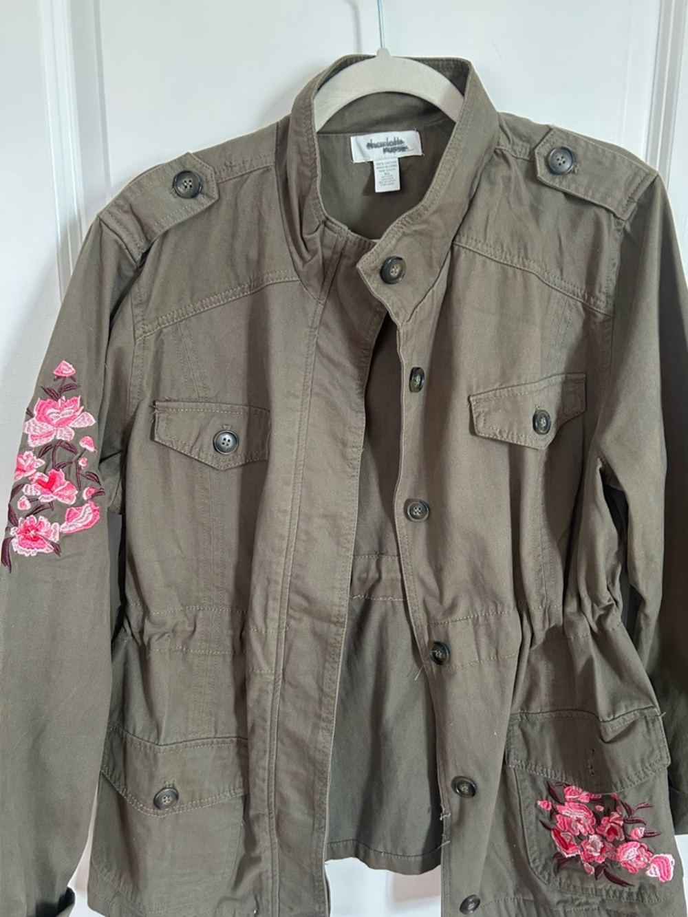 Abercrombie & Fitch Olive Utility Jacket with Pink Floral Embroidery